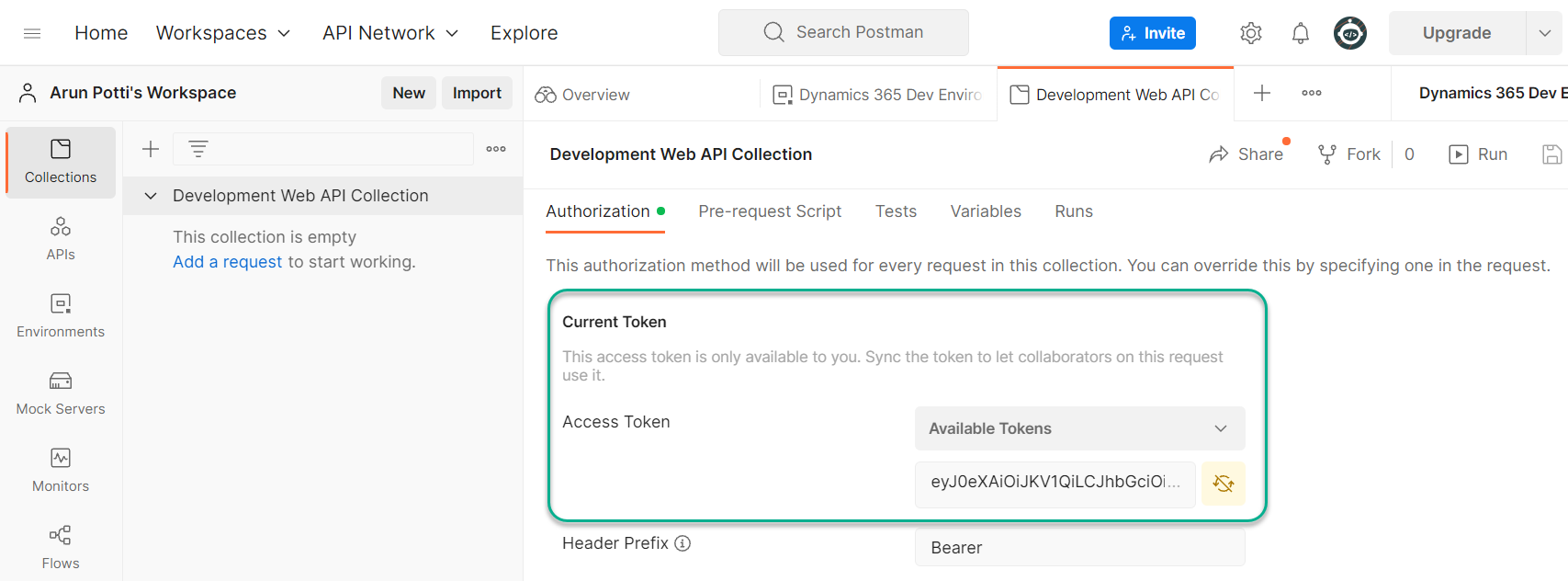 setup and connect to the Dataverse environment in Postman